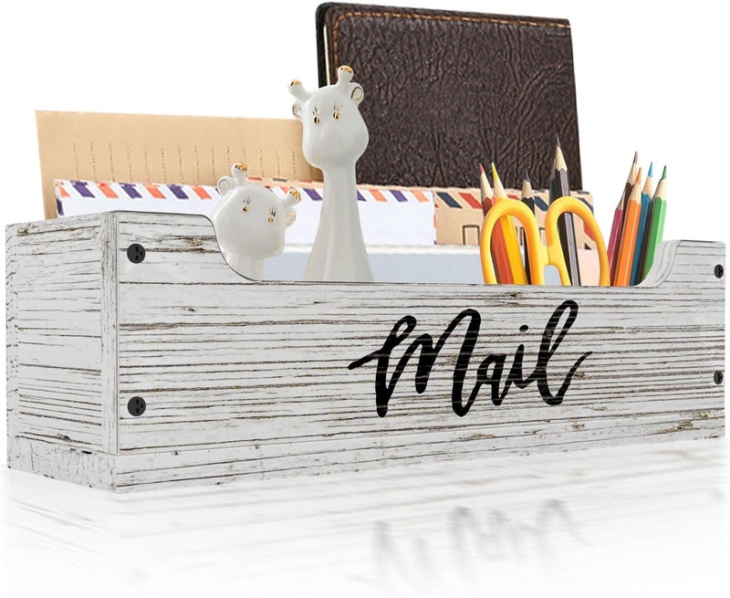 KISENG White Wooden Mail Organizer Countertop (Retro White+Black) - Image 1